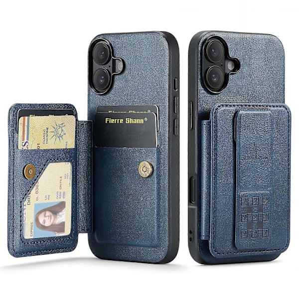 FIERRE SHANN 024 -tyylinen iPhone 16 -kotelo korttipidikkeellä ja jalustalla, vahapintainen nahka + TPU-puhelinkuori Multicolor Style D