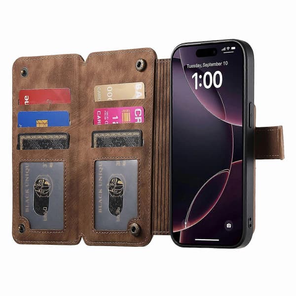 Læder telefonbagsidecover med RFID-blokerende lynlåspung og støttefod til iPhone 16e Multicolor Brown
