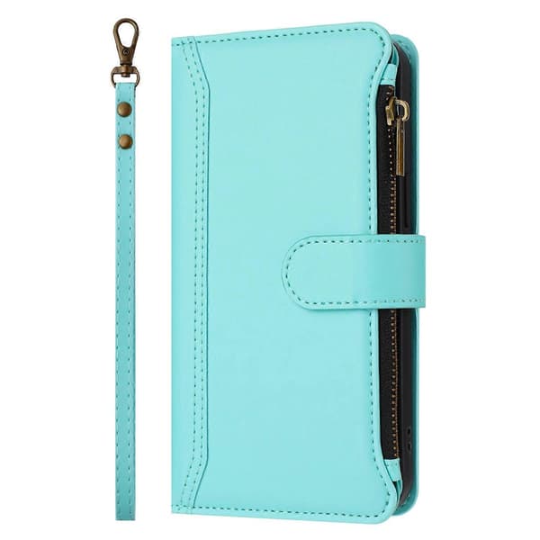 Læderetui til iPhone 16 Plus med 9 kortpladser, lynlåspung, stativ og håndledsrem Multicolor Mint Green