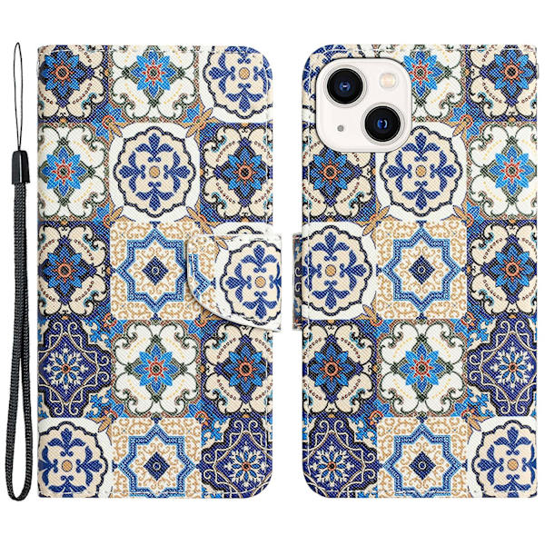 iPhone 15 Plus Folio PU-nahkainen jalustallinen lompakkokotelo, kuvioitu puhelinkuori hihnalla Retro Totem