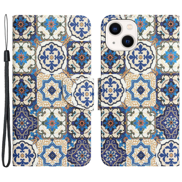 Til Iphone 15 Plus Folio Pu Læder Stand Wallet Case Mønster Print Telefon Cover Med Rem Retro Totem