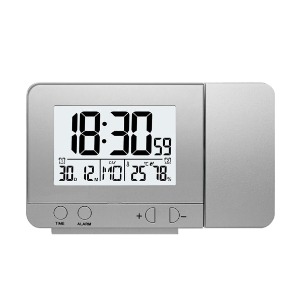 Projektionsväckarklocka för sovrum med termometer Hygrometer Digital projekt takklocka Dimbar LED-skärm med USB laddare 180vridbar med Dua Silver