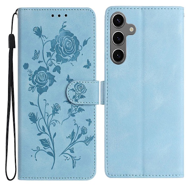 Til Samsung Galaxy S25/S24 Wallet Case Rose Mønster Præget Læder Flip Stand Telefon Cover Multicolor Sky Blue