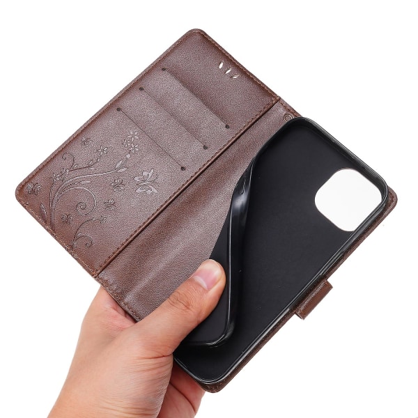 För Iphone 15 Plus Pu Läder Cover Phone case Imprinted Butterflies Shell Stand with rem Brown