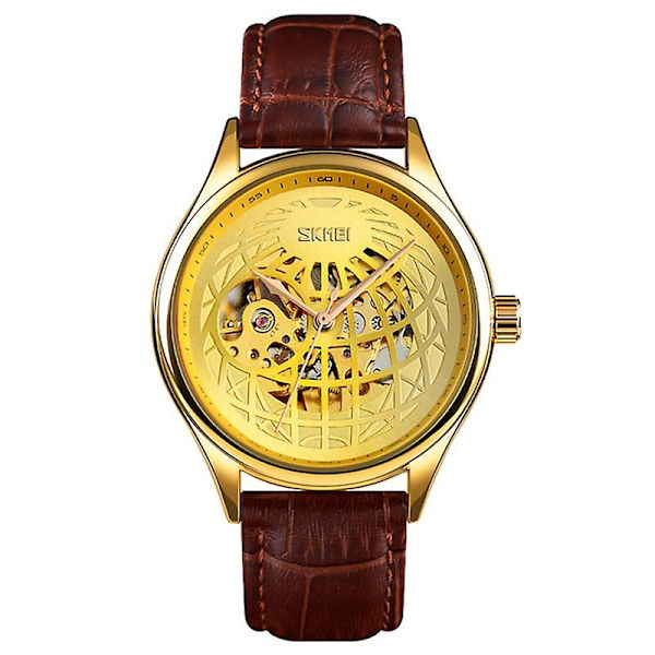 Skmei 9209 Men Business Automatisk Mekanisk Watch Rund Hollow Dial Läder Watchband Watch Golden Gold