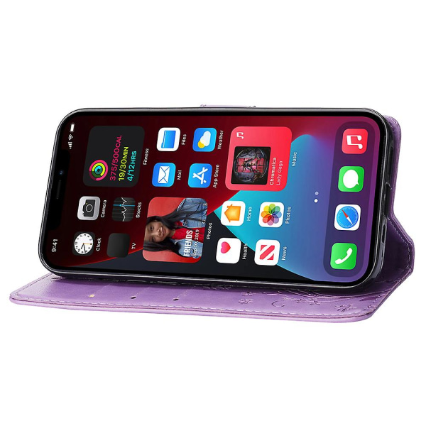 För Iphone 15 Plus Pu Läder Cover Phone case Imprinted Butterflies Shell Stand with rem Light Purple