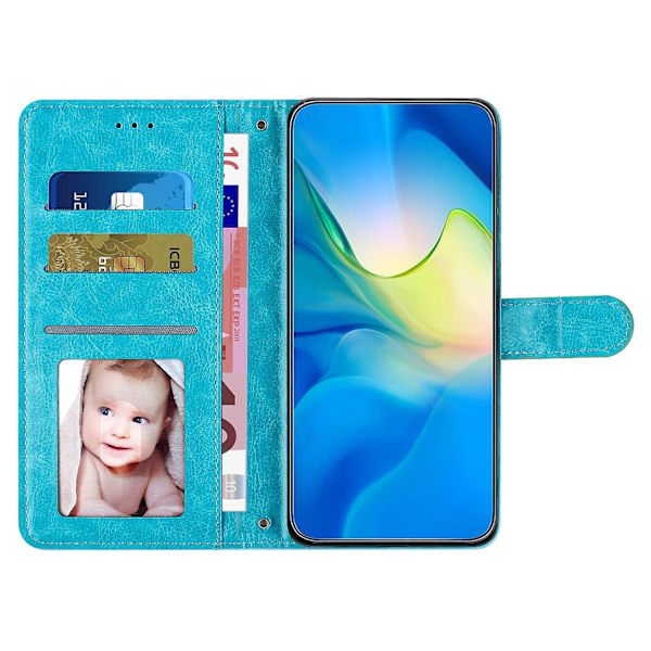 Stødsikkert Rhombus Syning Læder Etui med Pung og Støttefod til iPhone 15 Pro Sky Blue