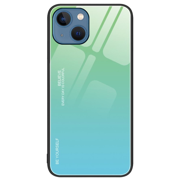 For iPhone 15 Telefondeksel Gradient Farge Herdet Glass + PC + TPU Anti-fall Deksel Cyan Blue