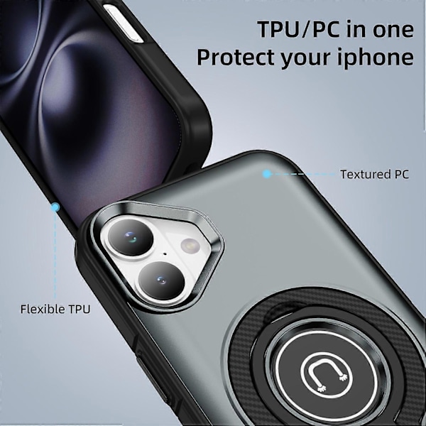 iPhone 16 Plus -kotelo TPU+PC Magneettinen autoteline puhelinkuori sormuksella Multicolor Grey