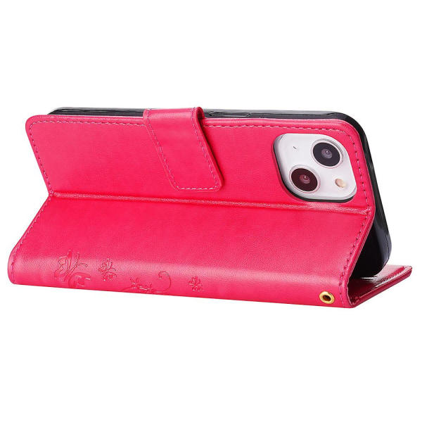 För Iphone 15 Plus Pu Läder Cover Phone case Imprinted Butterflies Shell Stand with rem Red