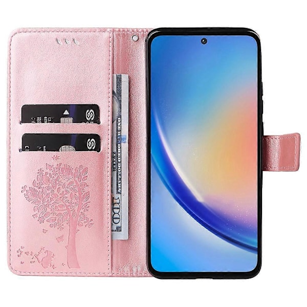 Mobilskal med Ställ för Samsung Galaxy A35 5G, Katt Träd Mönster Läder Plånboksskydd Multicolor Rose Gold