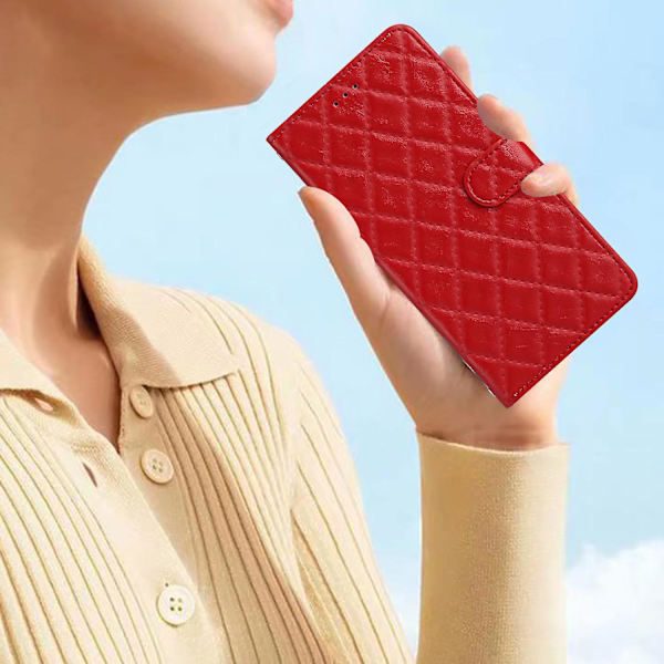 Stødsikkert Rhombus Syning Læder Etui med Pung og Støttefod til iPhone 15 Pro Red