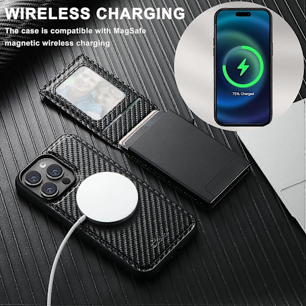 SUTENI H19 Magnetiskt Skal för iPhone 15 Pro Max, Kolfibertextur Läder Baksida med Kortfack