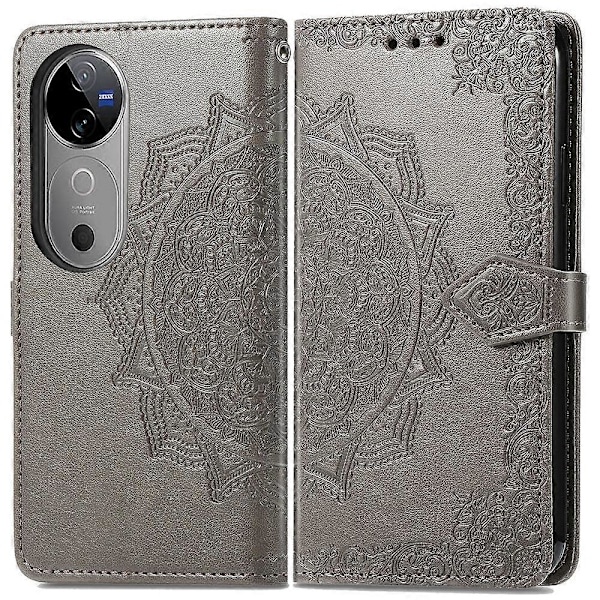 Til vivo V40 5G Etui Mandala Præget Design Læder Wallet Telefon Cover- Multicolor Grey