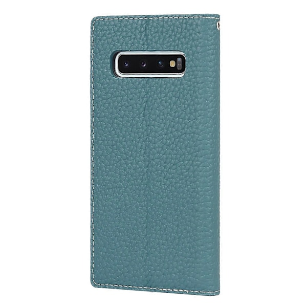 Läderfodral med litchi-struktur, äkta läder, flipfodral, anti-repor, ställfunktion för Samsung Galaxy S10