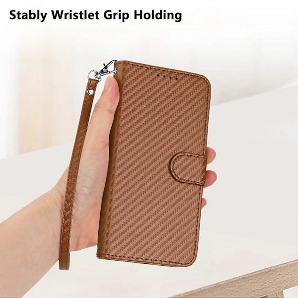 For iPhone 17 Pro Max Wallet Case med Rem Kulfibertekstur Læder Mobilcover Multicolor Coffee