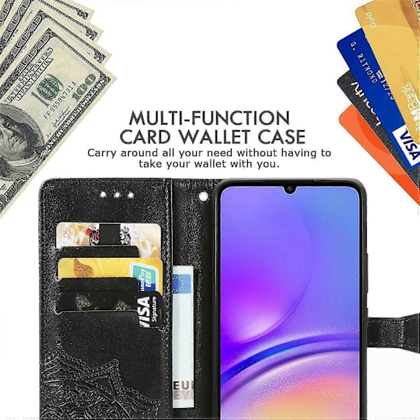 Til Samsung Galaxy A06 Etui Mandala Præget Design Læder Wallet Telefon Cover - Grå Multicolor Black