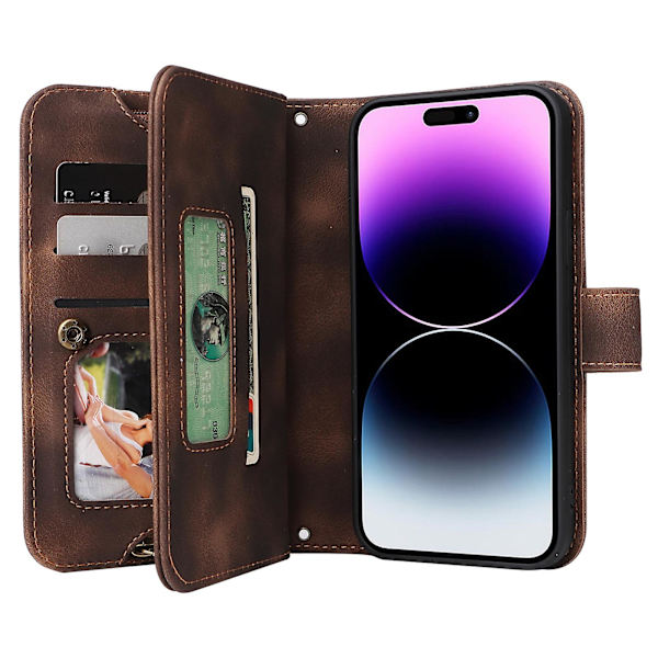 För Iphone 14 Pro Max Anti-dropp phone case Stativ Blixtlåsficka Läder Cover med remmar Brown