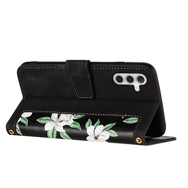 For Samsung Galaxy A34 5g Telefondeksel Blomstermønster Trykk Stativ Lærdeksel Med Kortspor Black