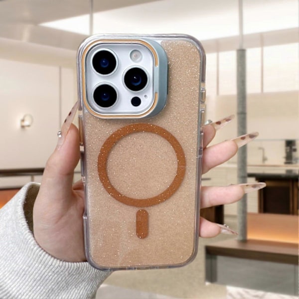 iPhone 16 Pro -kotelo, yhteensopiva MagSafe-linssin jalustan ja glitter PC -puhelinkuoren kanssa Multicolor Gold