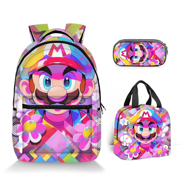 Super Mario Printed Ryggsäck Student Polyester Tecknad Barn Ryggsäck Tredelad Set Style 1
