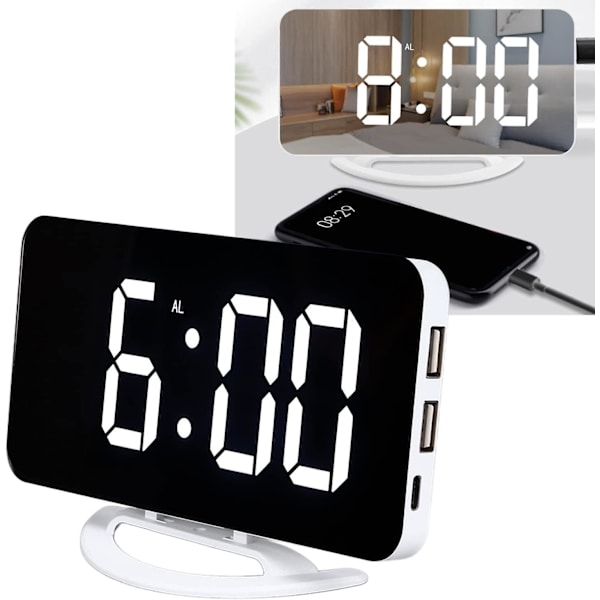 Spegelklocka USB -laddning Vibrationslarmfunktion LED-vibrationsväckarklocka Abs förinställd snooze med 4 funktionstangenter för sovrum till vardagsrum