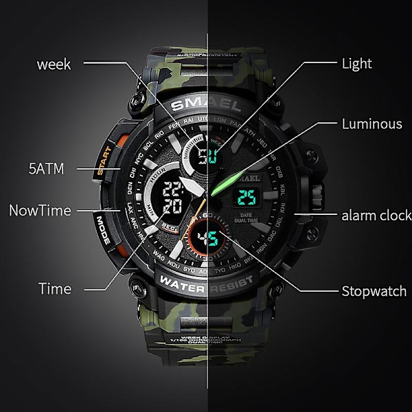 Smael Camouflage Military Watch Herr Vattentät Dual Time Display Herr Sportarmbandsur Digital Analog Quartz Watches Man 1708 Blue