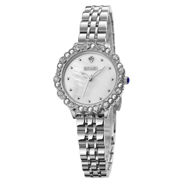 Skmei 1799 Pearl Diamond Round Dial Quartz Watch For Ladies Silver and White Surface