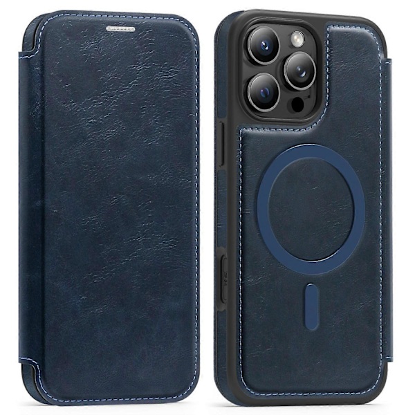 Læderetui til iPhone 16 Pro Kompatibelt med MagSafe RFID-blokerende Kortholder Telefoncover Multicolor Sapphire