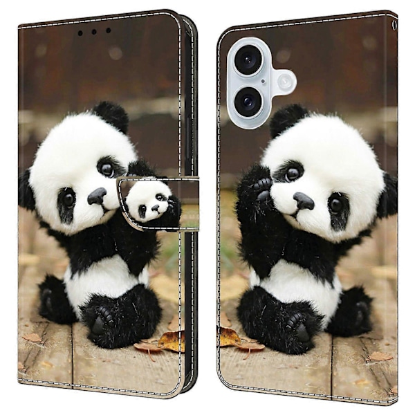 För iPhone 16 Fodral Mönster Tryckt Skyddande Läder Flip Telefonfodral- Multicolor Panda