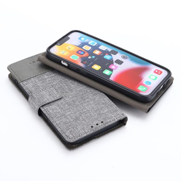 För Iphone 15 Pro Canvas Pu Läder Case Stativ Plånbok Cover Grey