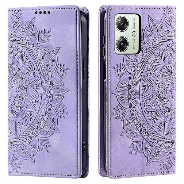 Til Motorola Moto G54 5G Etui Magnetisk Præget Mandala Blomst Læder Cover med Støttefod - Grå Multicolor Purple