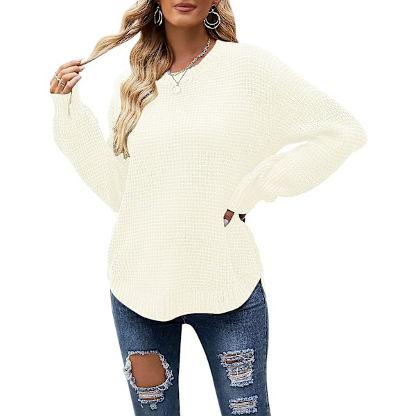 Dam 2023 Höst Casual Höst Våffelstickad tröja Lång ballongärmad lös tröja Beige X-Large
