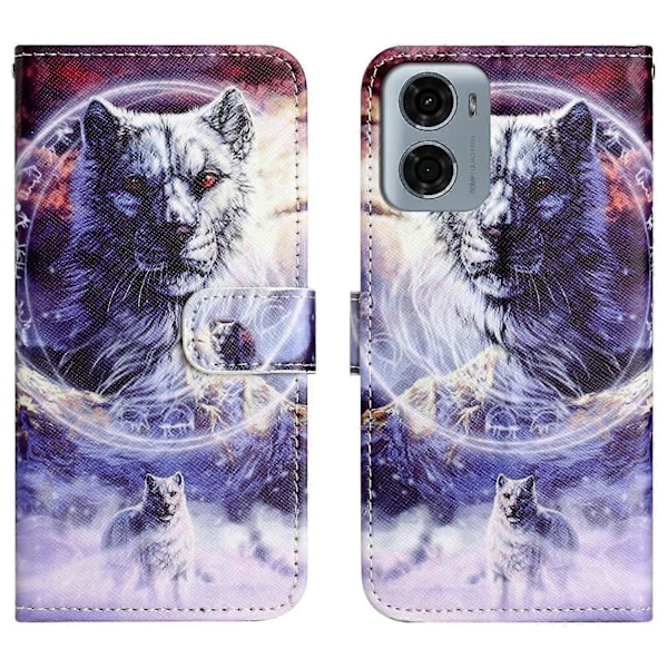 Motorola Moto E15 4G/G05 4G -kotelo, kuvioitu PU-nahkainen lompakkokotelo, ristikkäinen tekstuuri - Panda Multicolor Snow Wolf