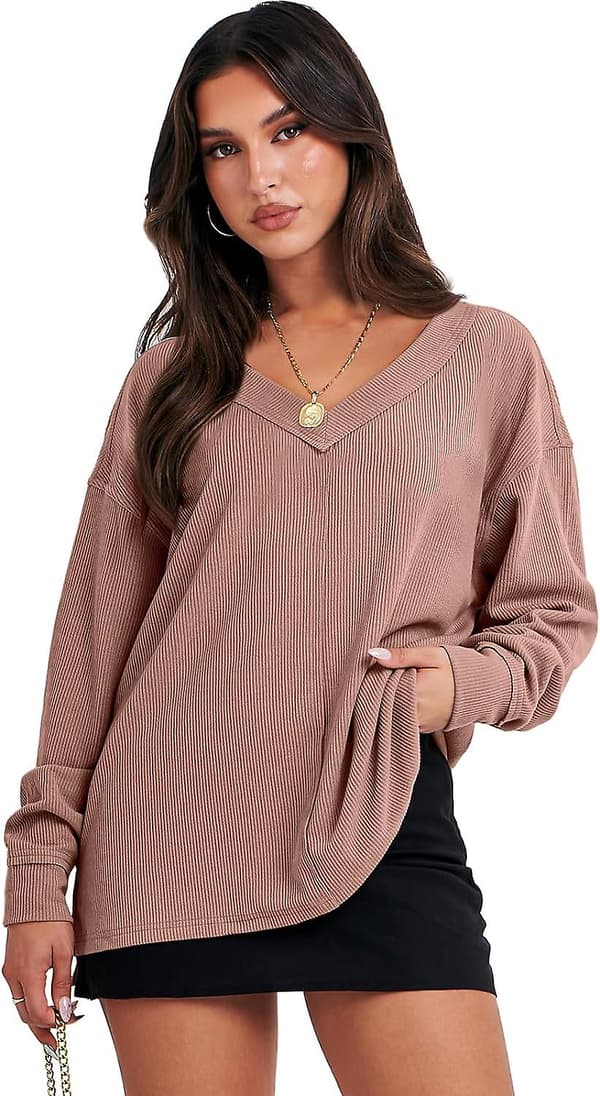 Langermet damegenser V-hals Off Shoulder Oversized Strikket Pullover Sweatshirt Løs High Low Høst Tunika Topper Deep Apricot Medium