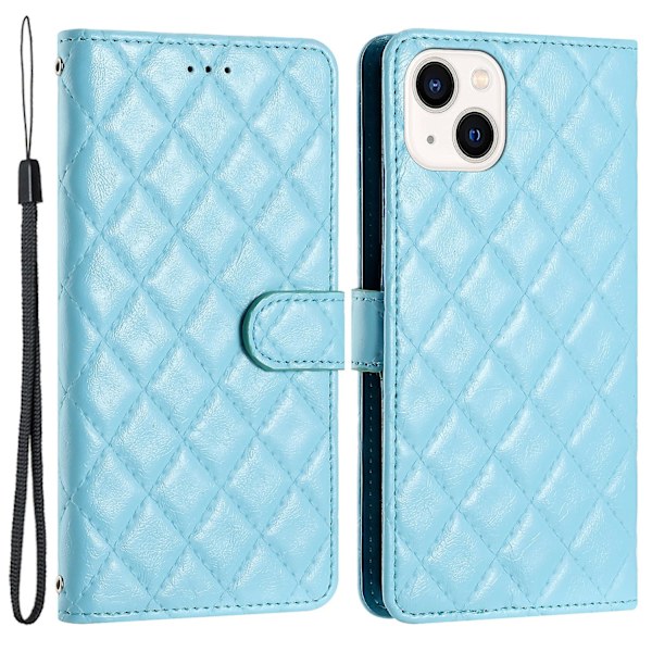 Rhombus Stitching Line Shell För Iphone 15, läderfodral Case Cover Sky Blue