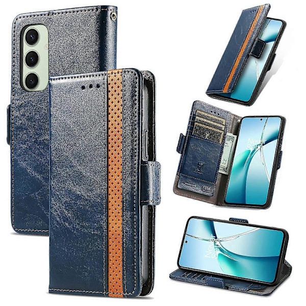 CASENEO 002 -sarja Samsung Galaxy S24 FE -kotelolle, jalustallinen lompakkokotelo, yhdistetty PU-nahkakansi - Tummanruskea Multicolor Dark Blue
