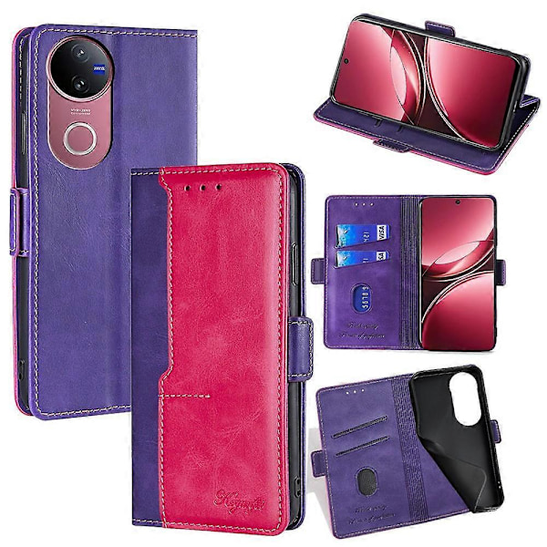 Kontrastfarvet tegnebog i læder til vivo V50 5G Multicolor Rose + Purple