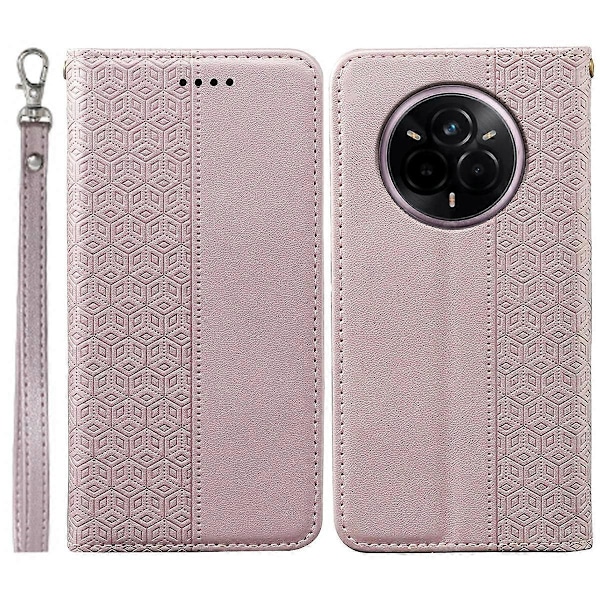 Plånboksfodral för Realme 14 Pro+ 5G Stark Magnetisk Rutig Mönster Präglad Läder Flip Omslag Multicolor Rose Gold