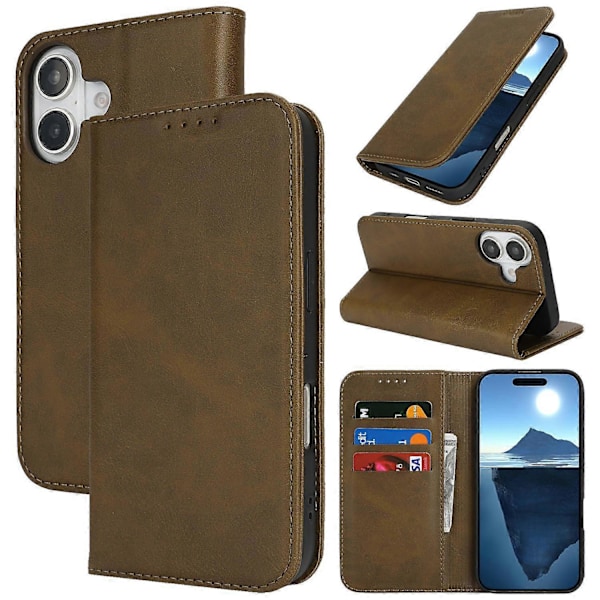 Fodral för iPhone 16 Plus PU Läder Kalvtextur Magnetisk Stängning Smart Telefonskydd Multicolor Style E