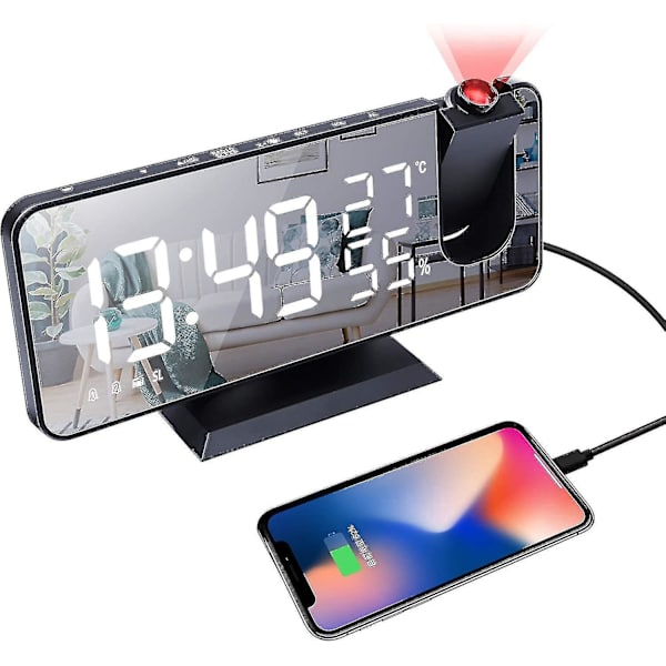 Projektion Digital Vækkeur Til Soveværelser, Radio Vækkeur Med Projektion På Loft, Dobbelte Alarmer, USB Opladerport, Temperatur & Fugtighedsdisplay