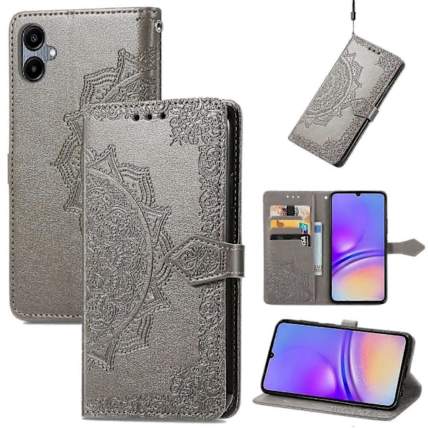 Til Samsung Galaxy A06 Etui Mandala Præget Design Læder Wallet Telefon Cover- Multicolor Grey