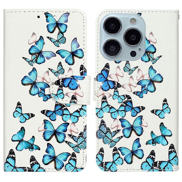 För Iphone 15 Pro Plånboksställ Pu Läder Phone case Mönster Utskrift Anti-dropp cover Blue Butterflies