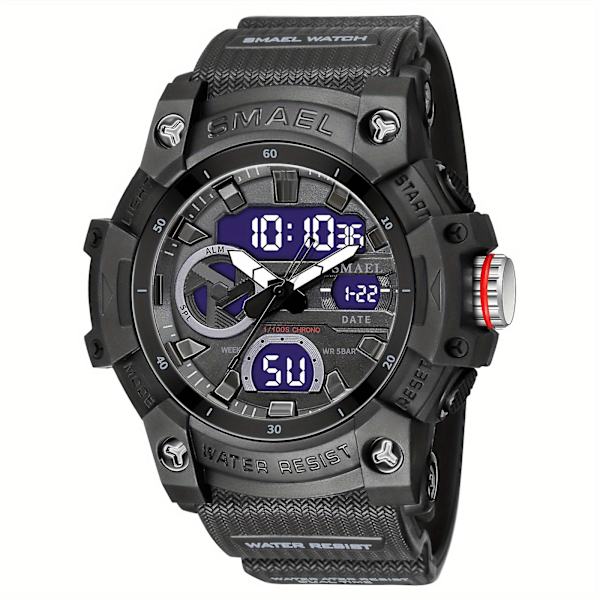 Smael Herrmode Dual Time Display Quartz Armbandsur, Transparent Sport utomhus Vattentät Digitala klockor med Pu-rem Black