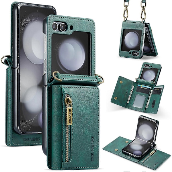 DG.MING M5 Serie til Samsung Galaxy Z Flip6 5G Etui RFID-blokering Kortpladser PU+PC Telefoncover Multicolor Green