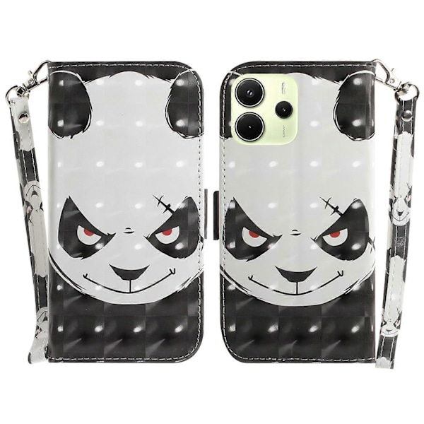 Til Xiaomi Redmi Note 14 4G Etui Mønstertryk Læder Wallet Telefon Cover med Håndledsrem Multicolor Angry Panda