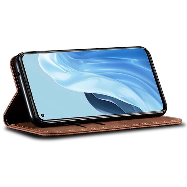 Jeansstof tekstur telefoncover i PU-læder med stativ til Oppo Find X7 5G Multicolor Coffee