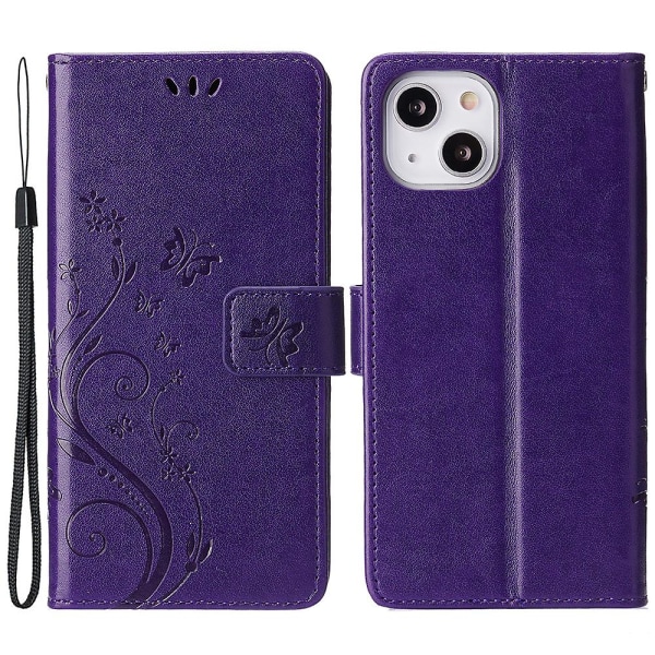 För Iphone 15 Plus Pu Läder Cover Phone case Imprinted Butterflies Shell Stand with rem Dark Purple