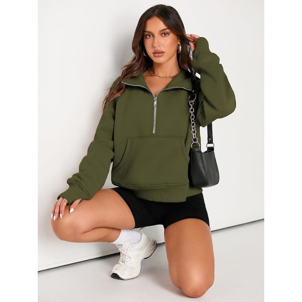 Dame Sweatshirts Halv Lynlås Cropped Pullover Fleece Kvart Lynlås Hættetrøjer Efterårsoutfits Tøj Tommelfingerhul Armygreen Large