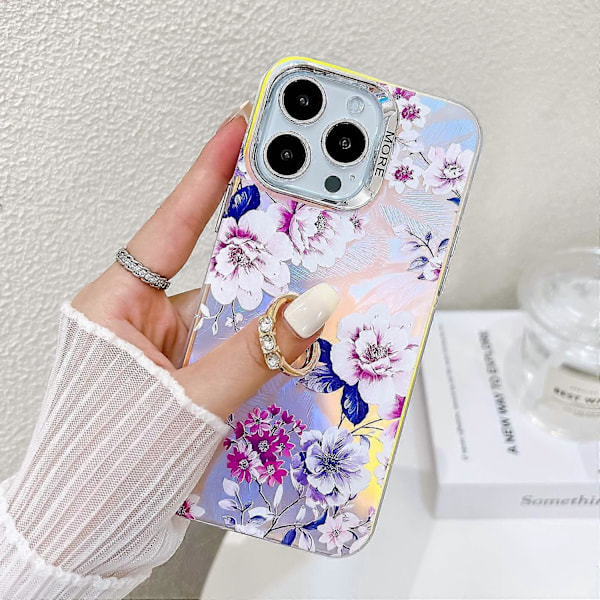 Blommig Lasertextur Skal för iPhone 15 Pro Max med Ringstativ Multicolor Style G